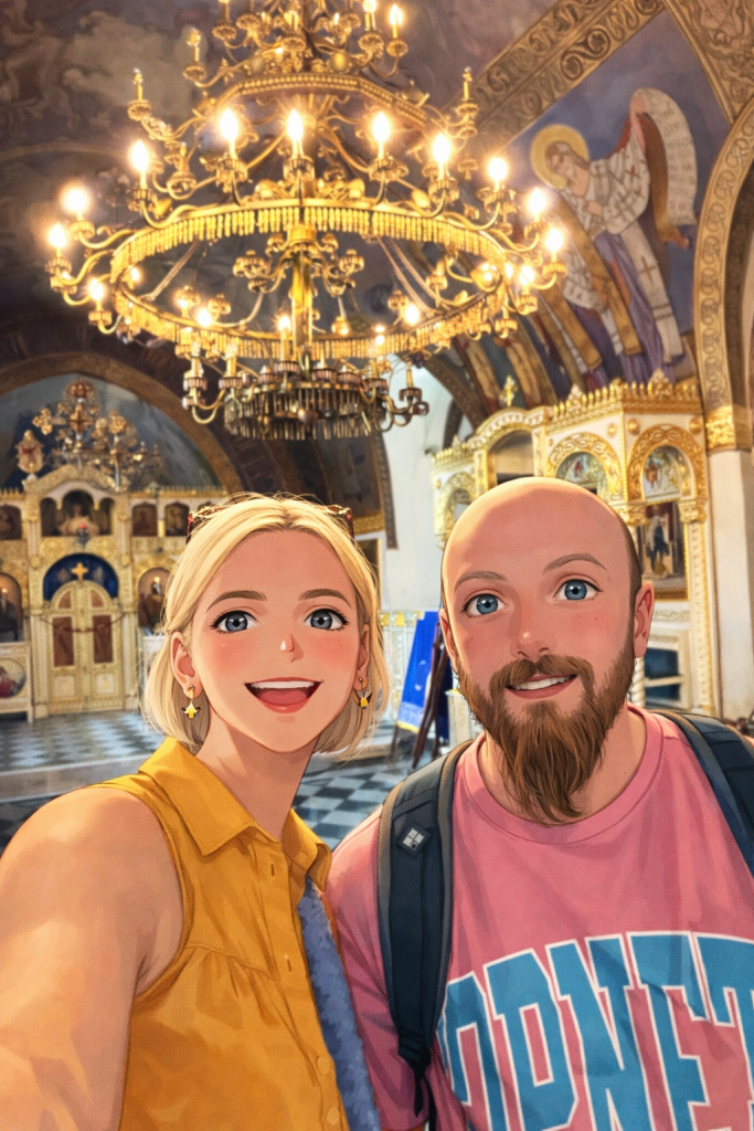 Efe ile Ebru’nun Belgrad St. Sava Cathedral içinde çekilen animasyon tarzı fotoğraf