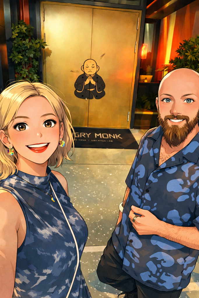 Efe ile Ebru’nun Belgrad’da Angry Monk restaurantı önünde çekilen animasyon tarzı fotoğraf