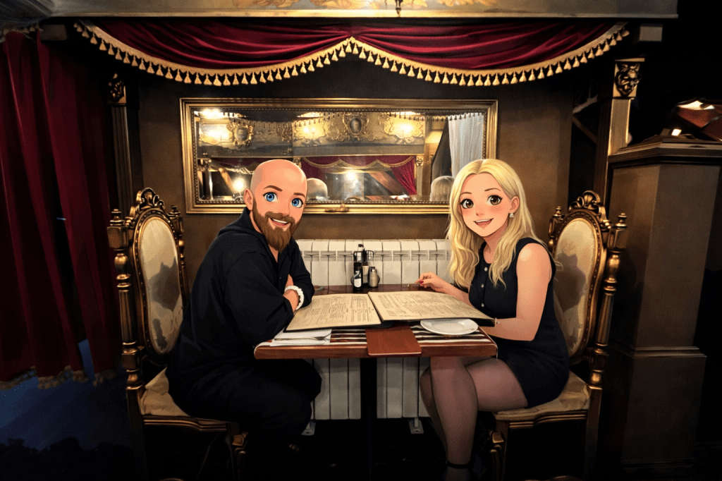 Efe ile Ebru’nun Belgrad’da Little Bay restaurantta çekilmiş animasyon tarzı fotoğrafı