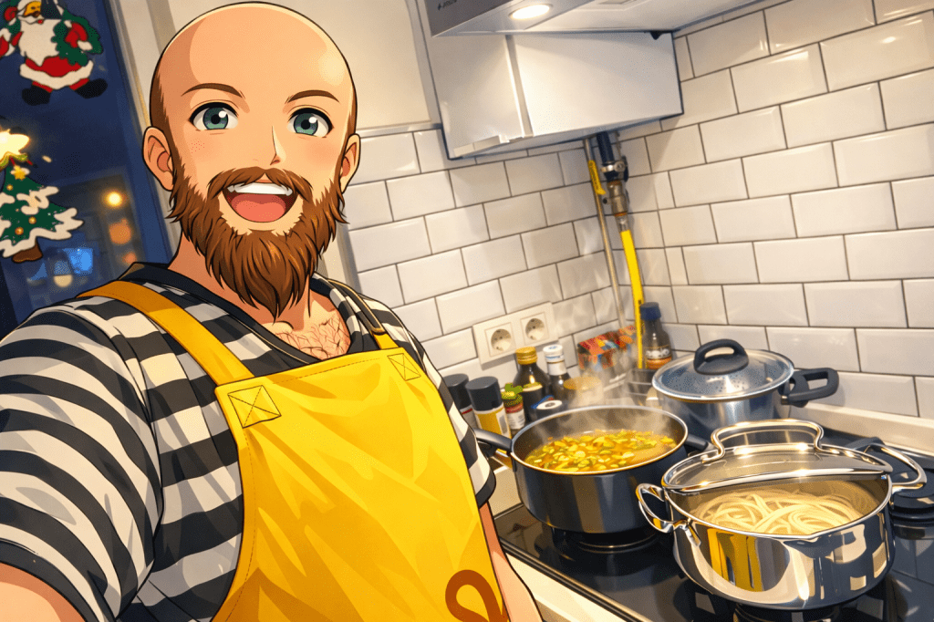 Efe’nin ramen yaparken çekilmiş animasyon tarzı fotoğrafı