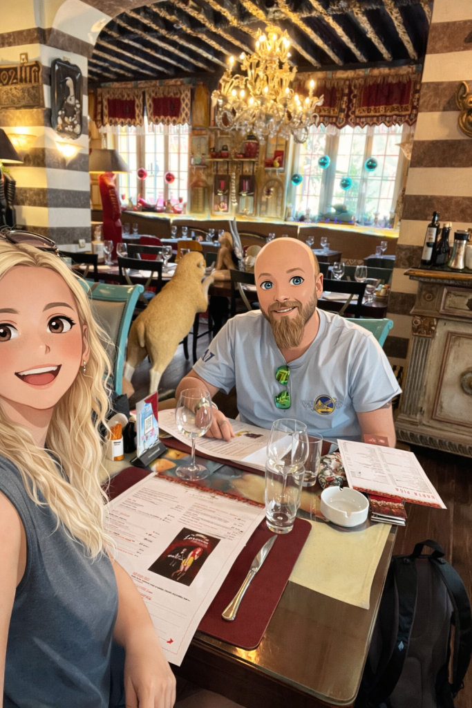 Efe ile Ebru’nun Belgrad’daki Lorenzo Kakalamba restaurantta çekilen animasyon tarzı fotoğraf