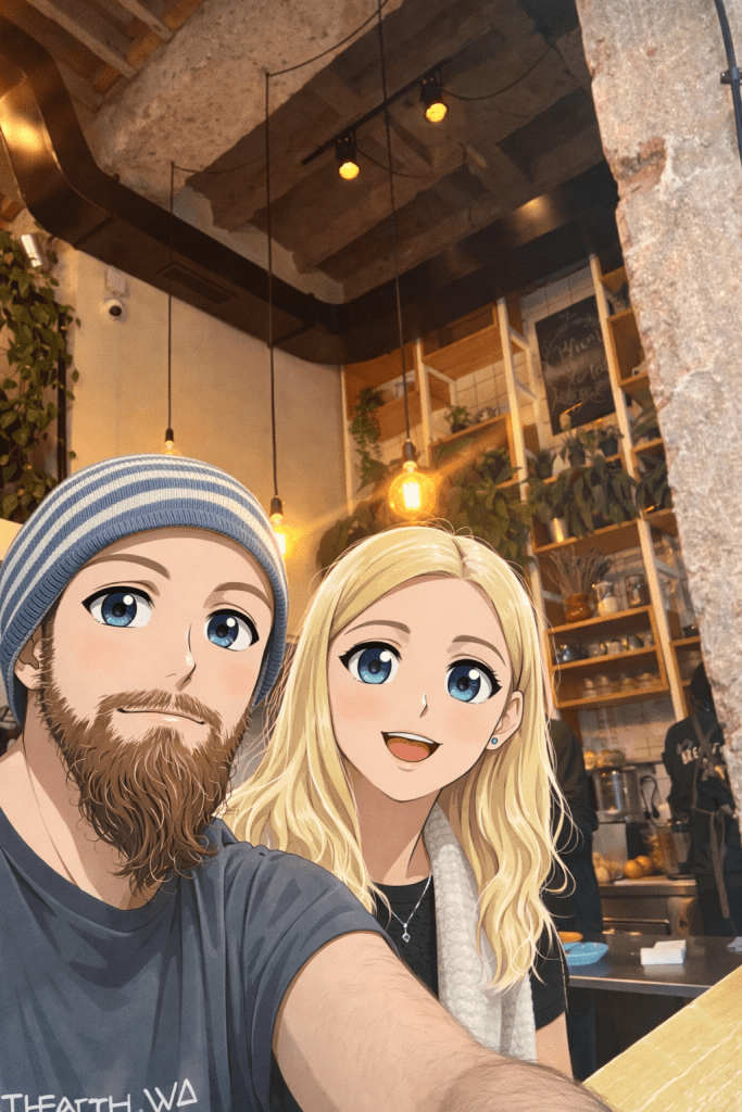 Efe ve Ebru’nun Belgrad gezisinde uğradıkları June kafe’de çekilmiş animasyon tarzı fotoğraf