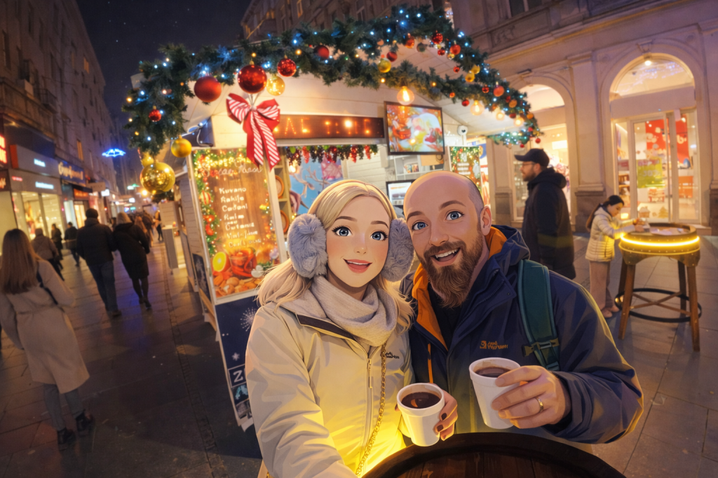 Efe ve Ebru’nun Noel tatili için gittikleri Belgrad’da sıcak şarap satıcı önünde çekilen animasyon tarzı fotoğraf
