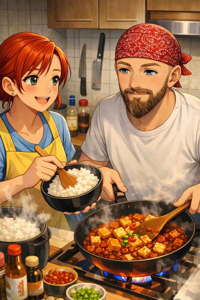 Efe ve Ebru’nun Mapo tofu yaparken çekilmiş animasyon tarzı fotoğraf