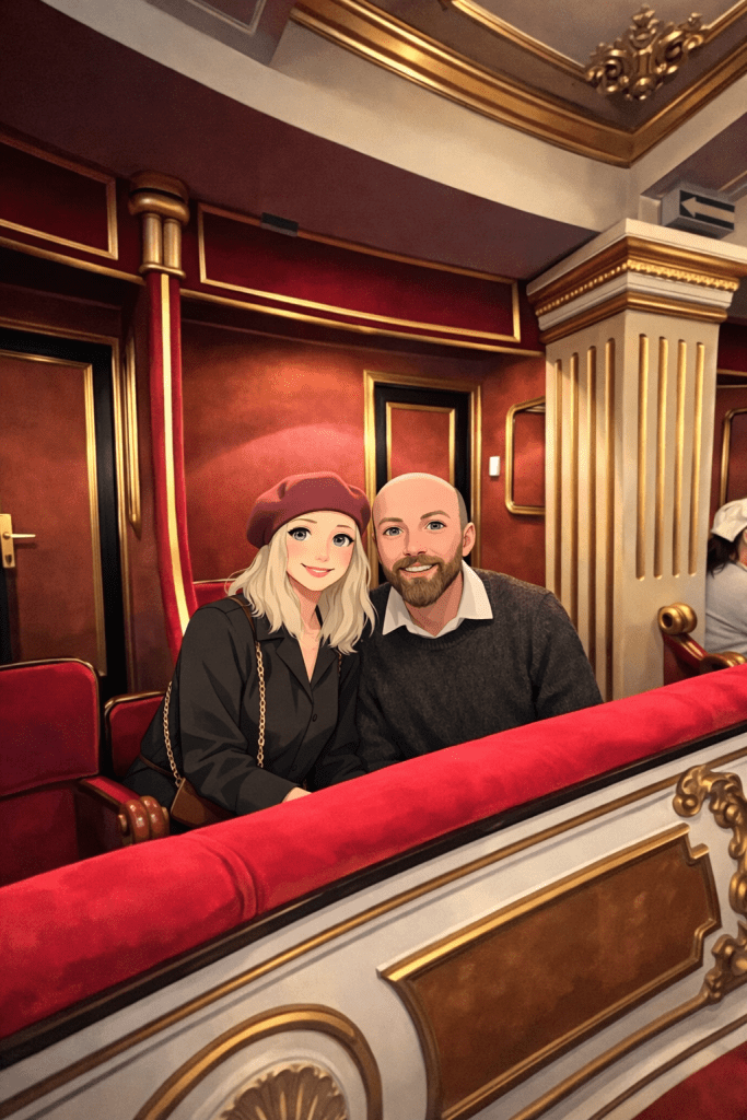 Efe ile Ebru’nun Belgrad gezisinde Ulusal tiyatroda gittikleri Fındıkkıran bale gösterisinde kiraladıkları locada çekilmiş animasyon tarzı fotoğraf