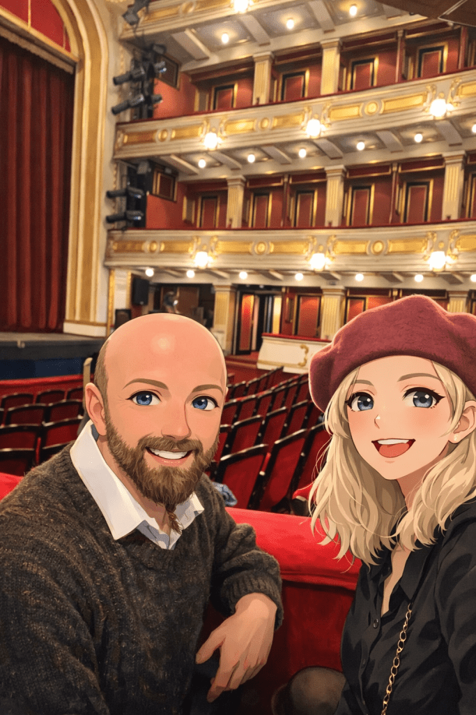 Efe ile Ebru’nun Belgrad gezisinde Ulusal tiyatroda gittikleri Fındıkkıran bale gösterisinde kiraladıkları locada çekilmiş animasyon tarzı fotoğraf