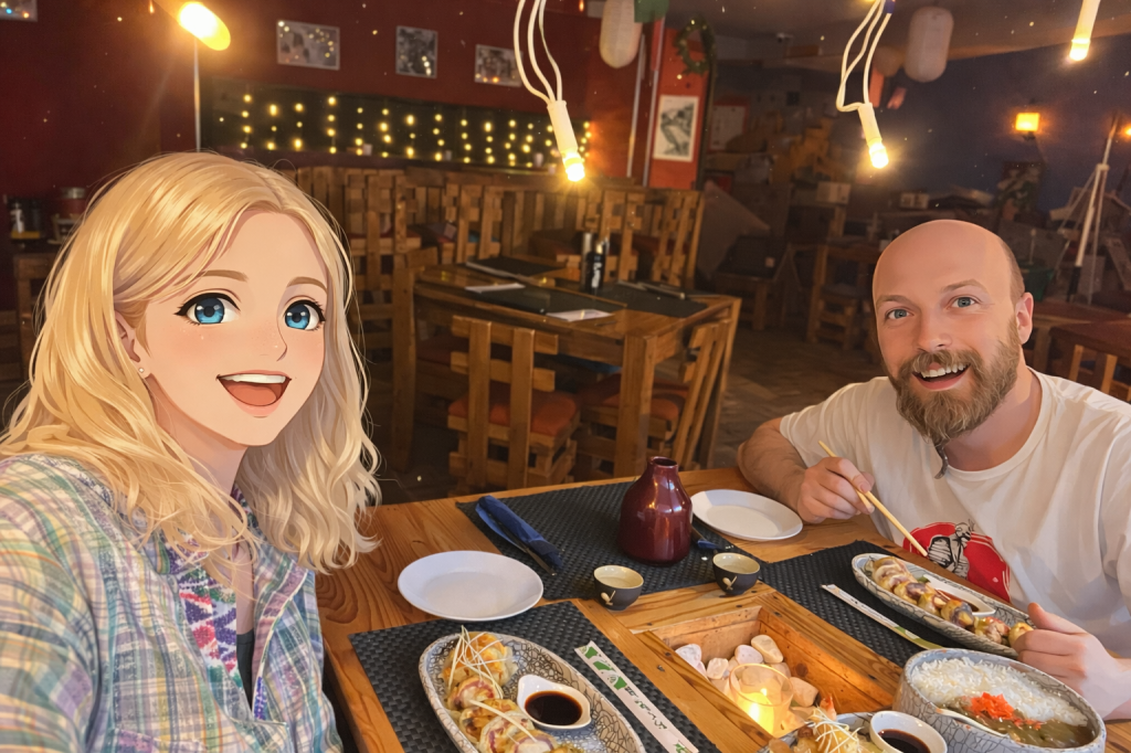 Efe ile Ebru’nun Belgrad gezisinde öğle yemeği için uğradıkları Marukoshi restoran’dan çekilmiş animasyon tarzı fotoğraf