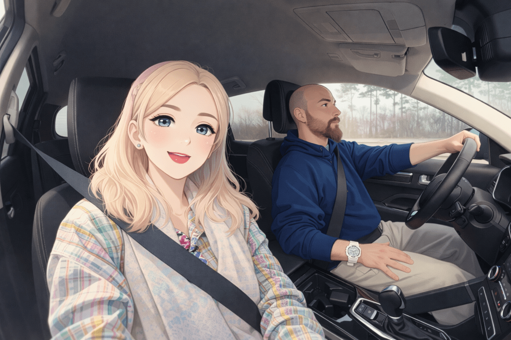 Efe ile Ebru’nun Belgrad tatilinde kiraladıkları arabayla seyahat ederken çekilen animasyon tarzı fotoğraf