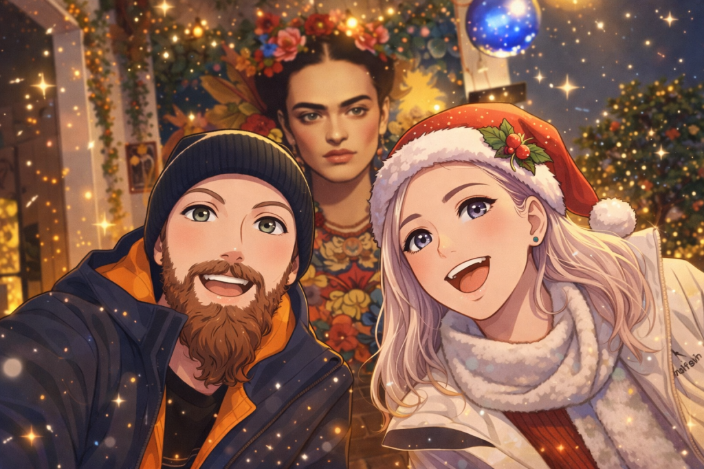 Efe ve Ebru’nun Belgrad’daki Noel tatilleri sırasında gittikleri Cantina de Frida cafe önünde çekilmiş animasyon tarzı fotoğraf