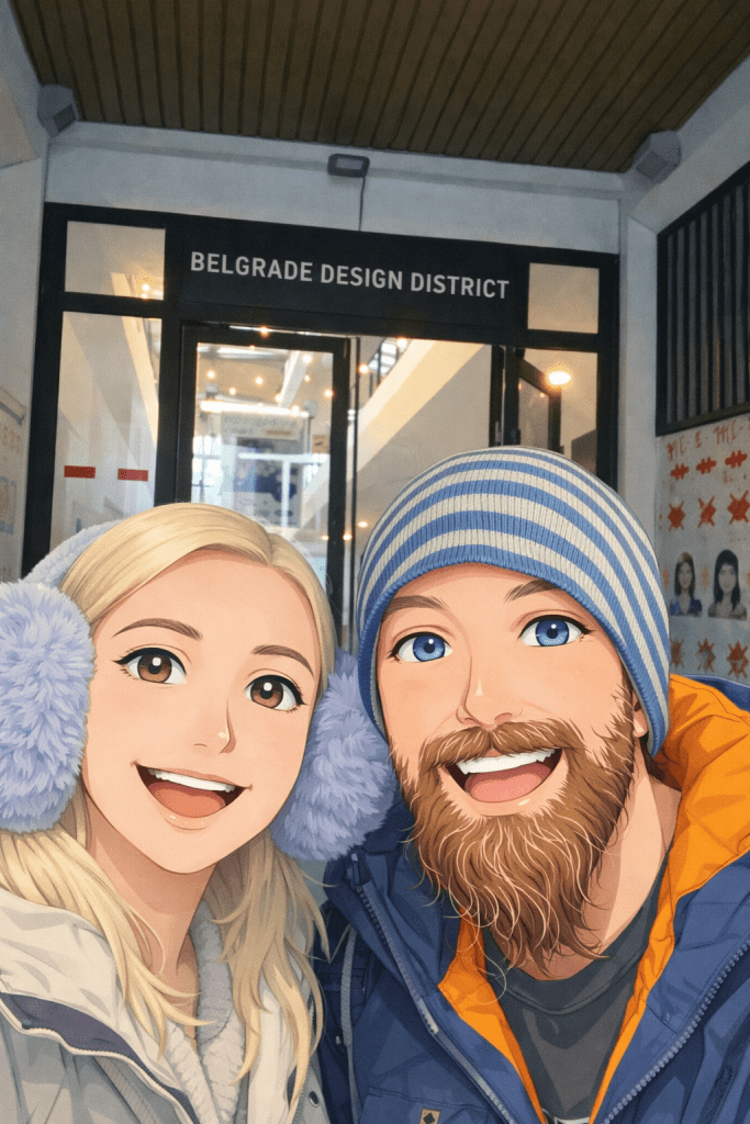 Efe ve Ebru’nun Belgrad’da Design District önünde çekilmiş animasyon tarzı fotoğraf