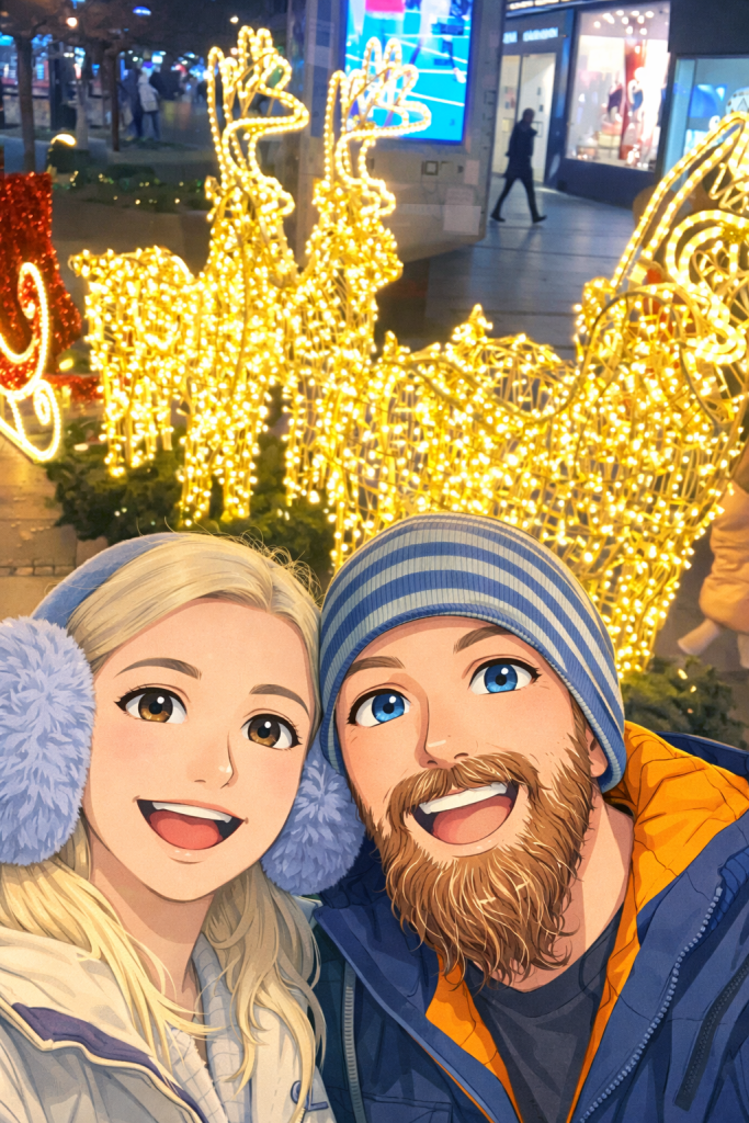 Efe ve Ebru’nun Belgrad Noel tatillerinde Knez Mihajlova caddesinde süs geyikleri ile çekilmiş animasyon tarzı fotoğraf