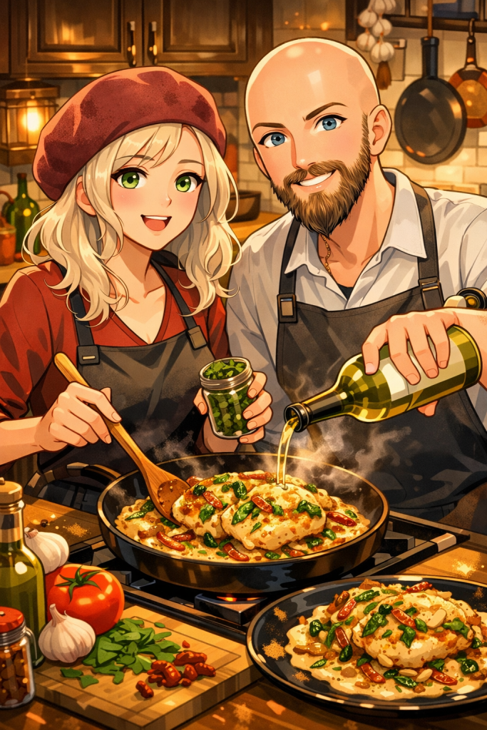 Efe ve Ebru’nun mutfakta İtalya usulü tavuk yaparken çekilmiş animasyon tarzı fotoğraf