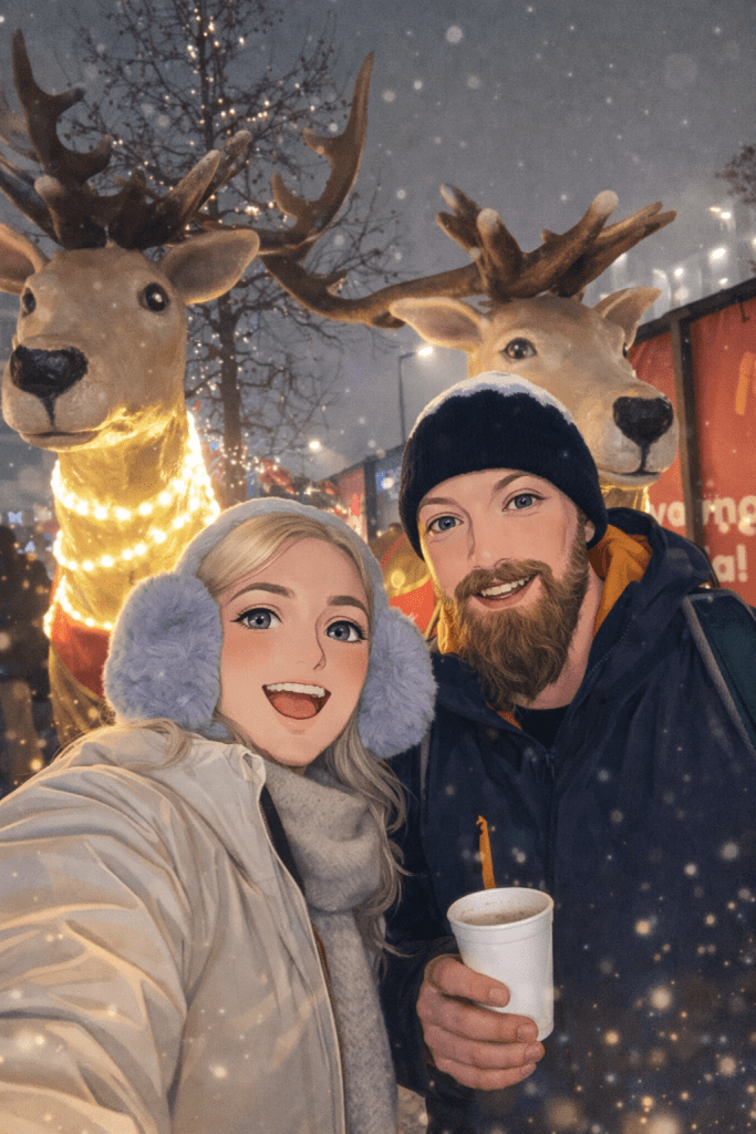 Efe ve Ebru’nun Belgrad Noel tatillerinde Noel pazarında, geyikler ile beraber çekilen animasyon tarzı fotoğraf