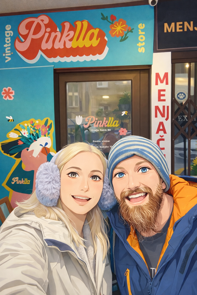 Efe ve Ebru’nun Belgrad’da Pinklla Vintage mağazası önünde çekilmiş animasyon tarzı fotoğraf