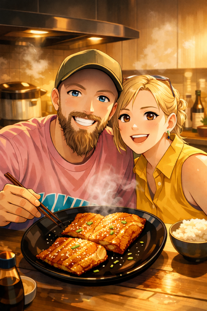 Efe ve Ebru’nun Miso somon ile beraber çekilmiş animasyon tarzı fotoğraf