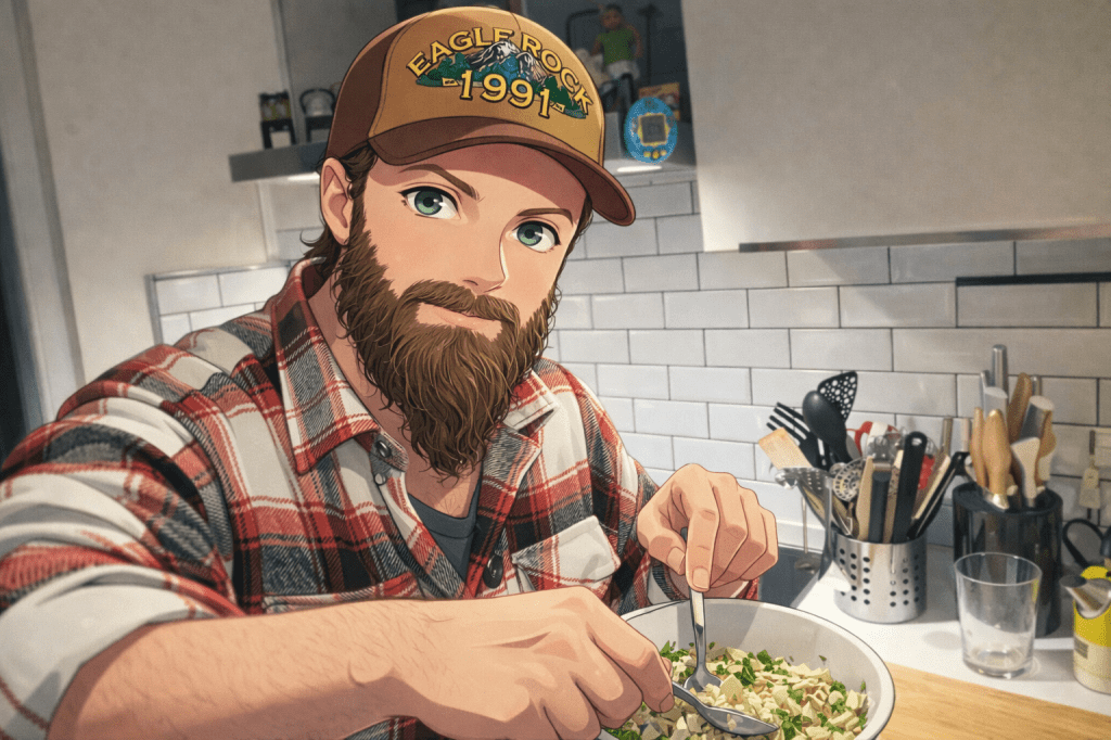 Efe’nin Sardalya ezmesi mezesi hazırlarken çekilmiş animasyon tarzı fotoğraf