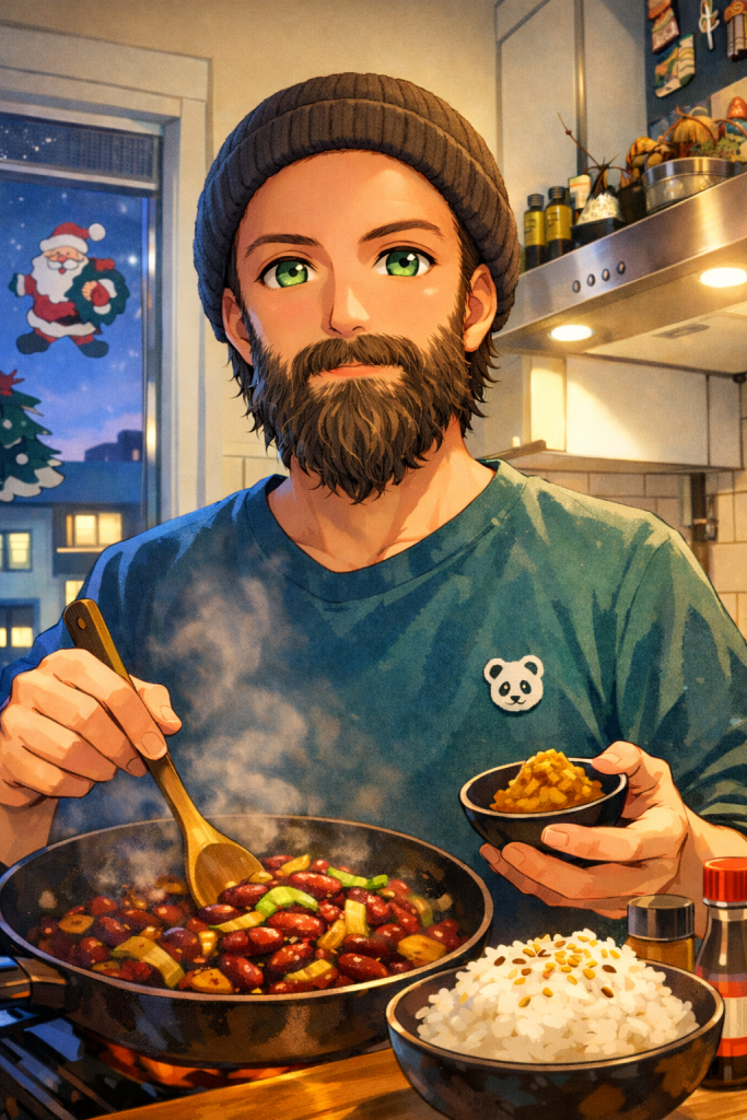 Efe’nin Miso aromalı Meksika fasulye yaparken çekilmiş animasyon tarzı fotoğraf