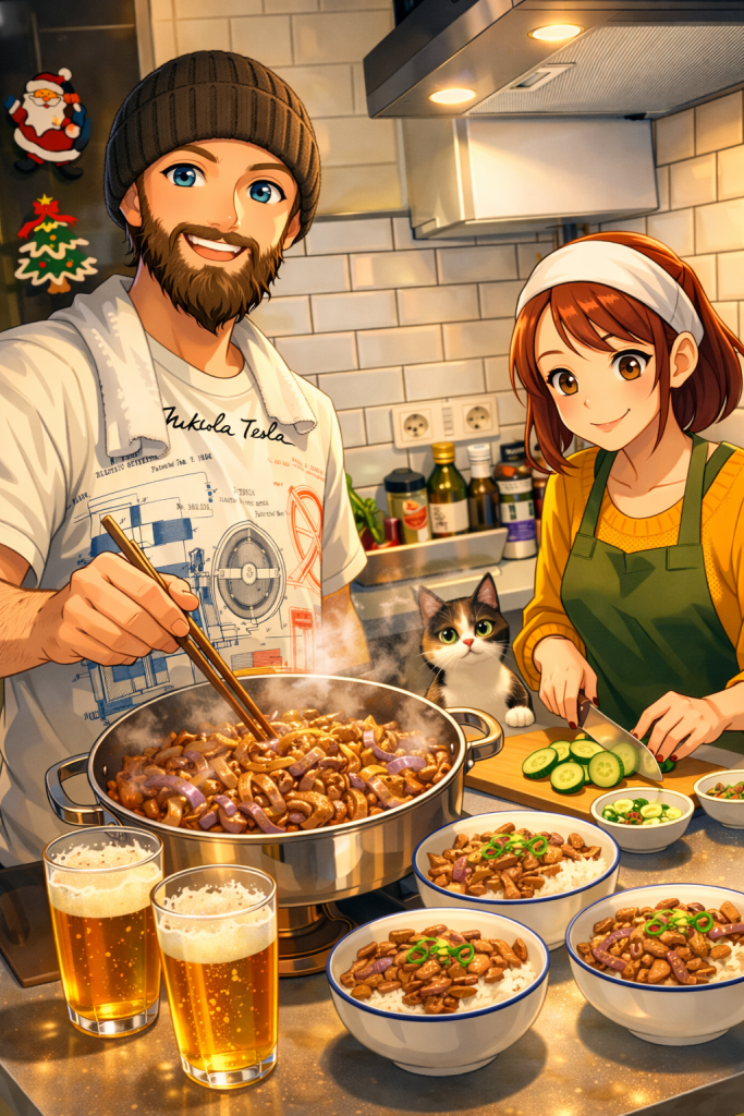 Efe ile Ebru’nun evde gyudon yaparken çekilmiş, kedilerinden birinin de karede yer aldığı animasyon tarzı fotoğraf