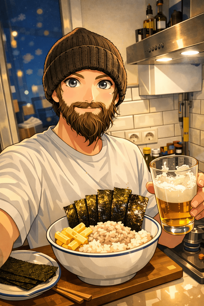 Efe’nin donburi yaptıktan sonra elinde bira ile çekilmiş animasyon tarzı fotoğrafı