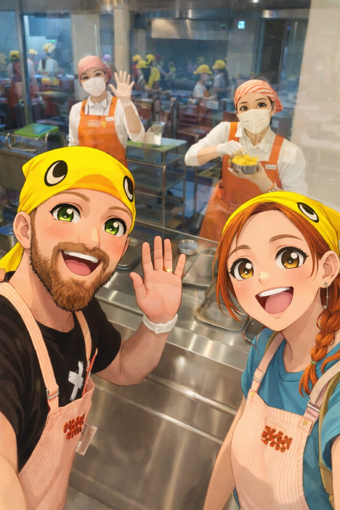Efe ve Ebru’nun Yokohama Cup Noodles Museum’da noodle yaptıkları personel ile çekilmiş animasyon tarzı fotoğraf