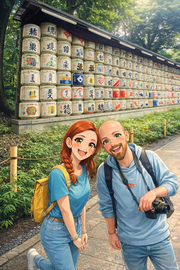 Efe ve Ebru’nun Meiji tapınağı çıkışında çekildiği animasyon tarzı fotoğraf