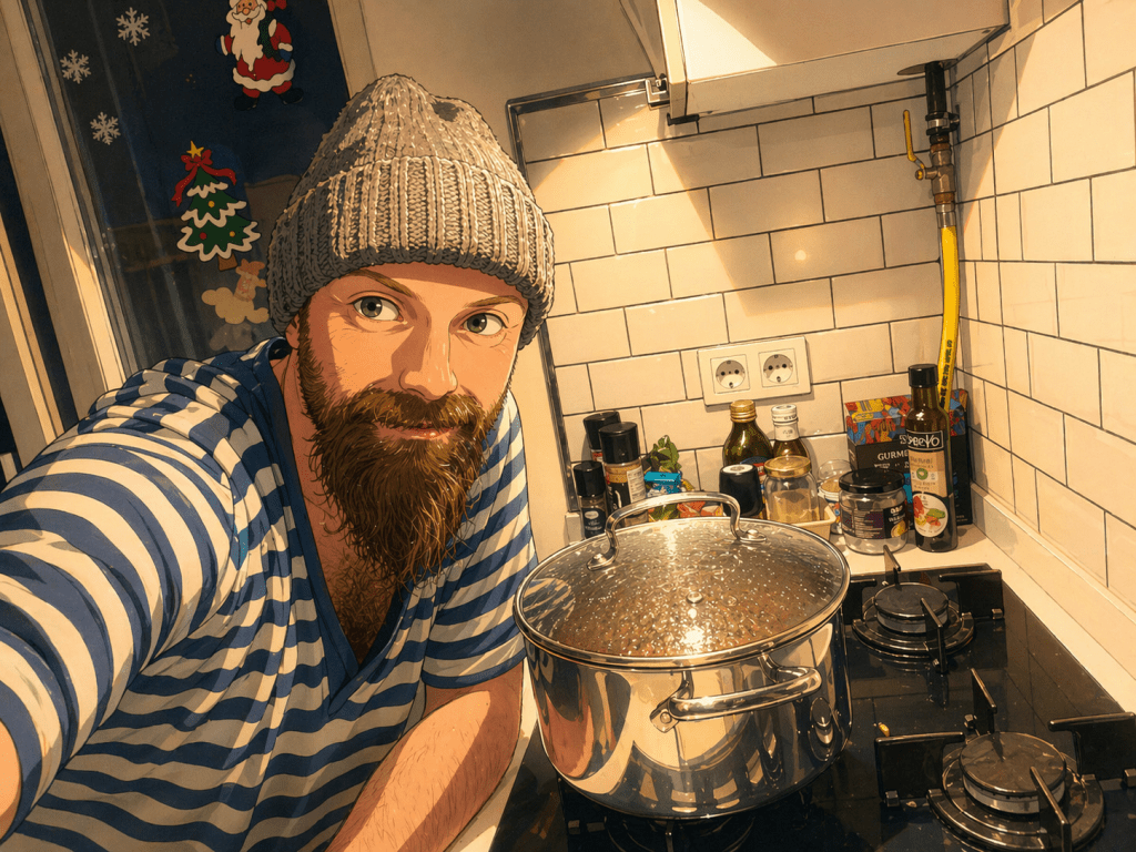 Efe’nin evde Nikujaga yaparken çekilmiş animasyon tarzı fotoğraf