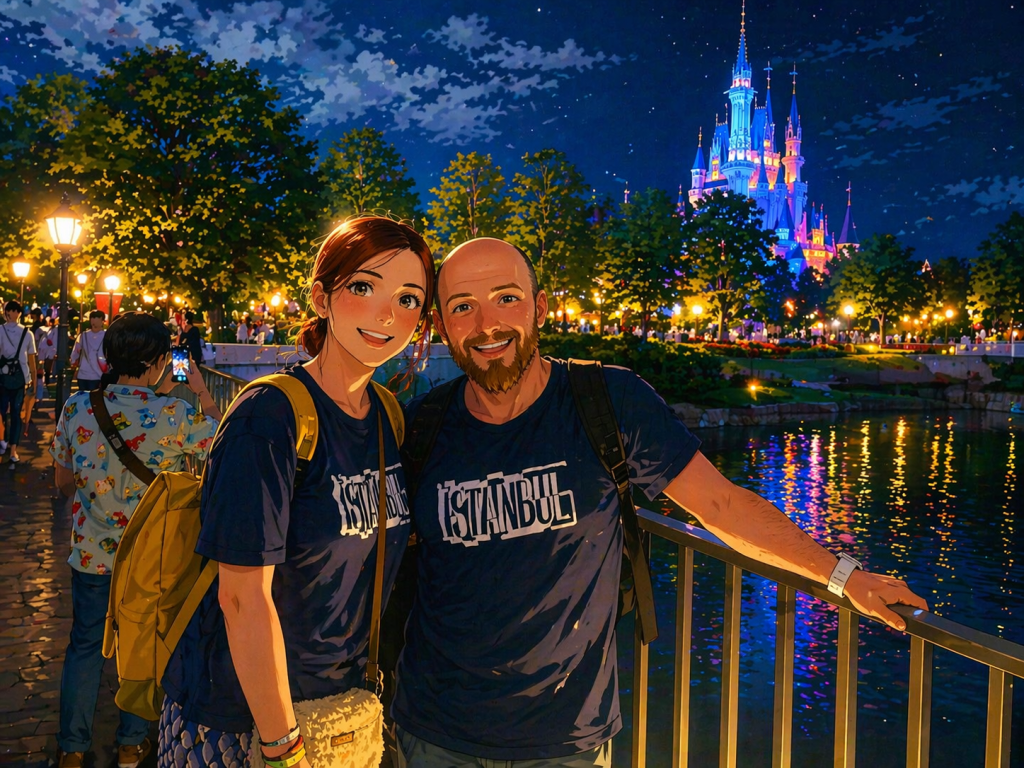 Efe ve Ebru’nun Disneyland gece ışıkları ile çekilmiş animasyon tarzı fotoğraf