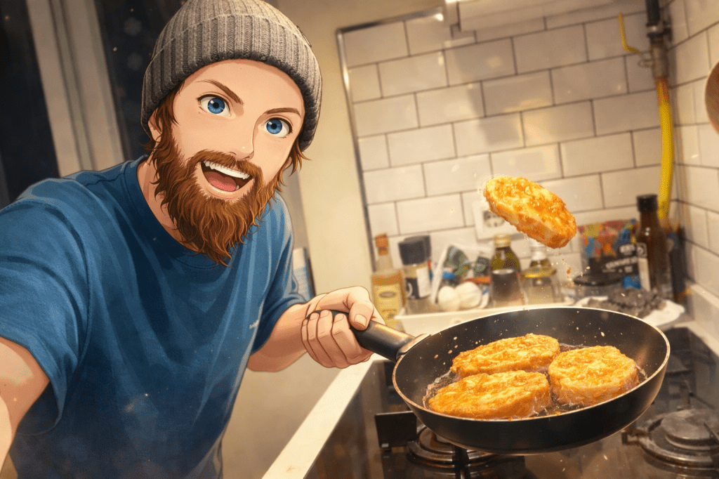 Efe’nin kahvaltıya cici Papa hazırlarken çekilmiş animasyon tarzı fotoğraf