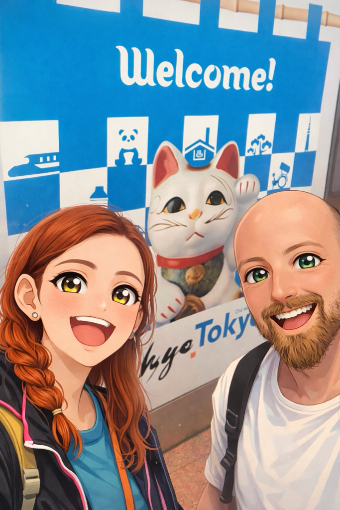 Efe ve Ebru’nun Haneda havalimanında çekilen animasyon tarzı fotoğraf
