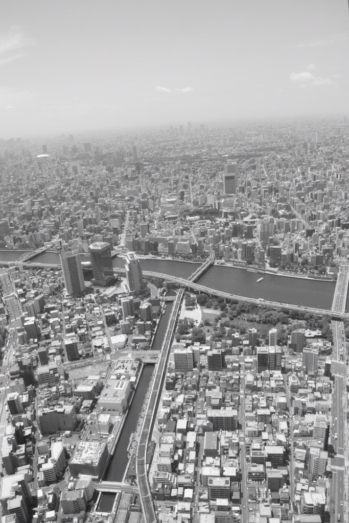 Skytree’den çekilmiş siyah beyaz Tokyo manzarası fotoğrafı