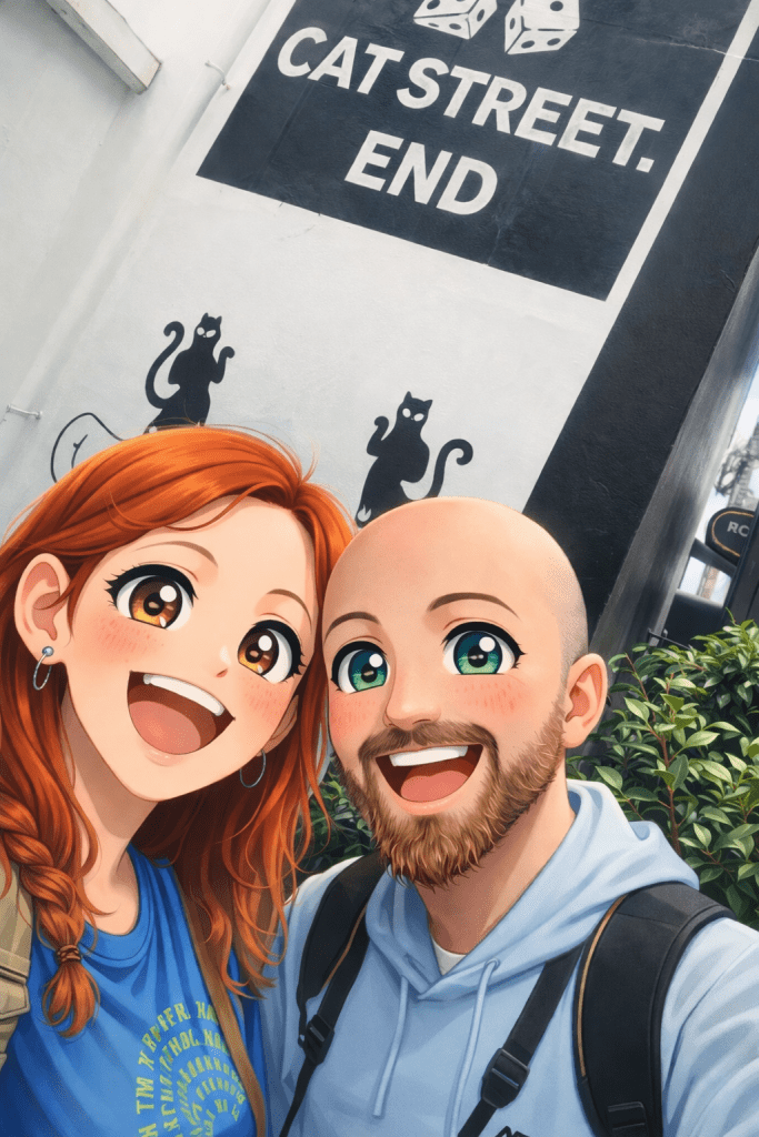 Efe ve Ebru’nun cat street sonunda çekilen animasyon tarzı fotoğraf