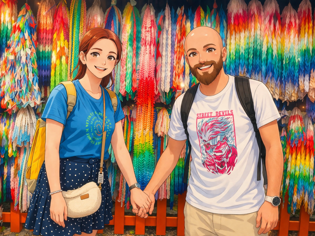 Efe ve Ebru’nun Kyoto sokaklarında buldukları renkli noktalarda çekilmiş animasyon tarzı fotoğraf