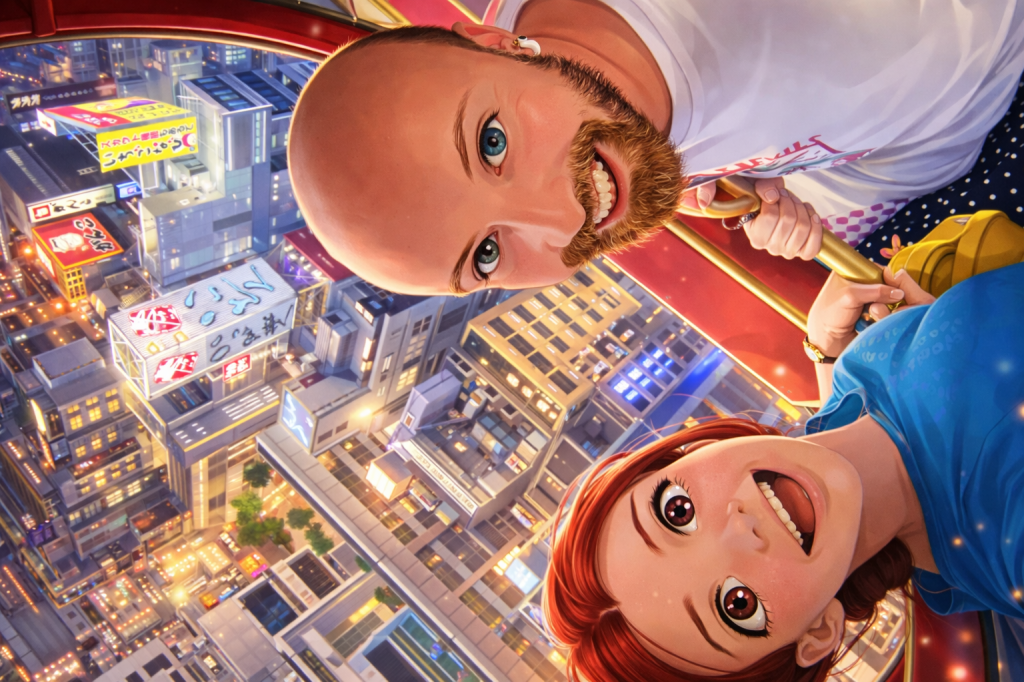 Efe ve Ebru’nun Osaka’daki Don Quijote’ta yer alan Ferris Flywheelde çekilmiş animasyon tarzı fotoğraf