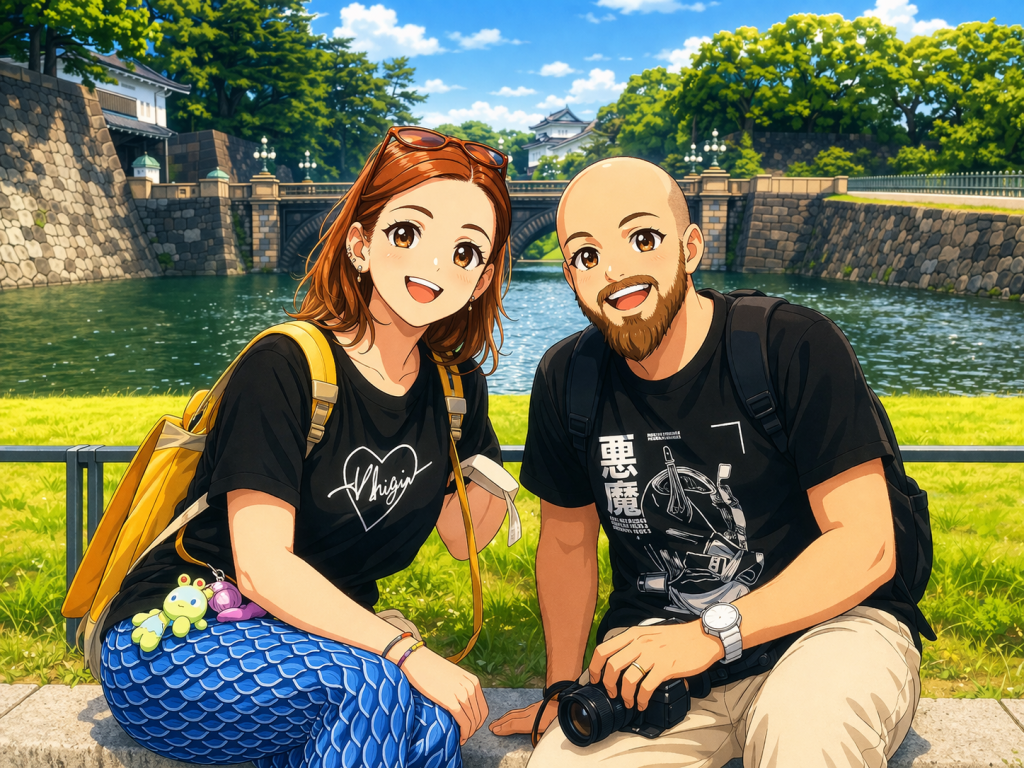 Efe ve Ebru’nun Ginza’da İmparatorluk sarayı önünde çekilmiş animasyon tarzı fotoğraf