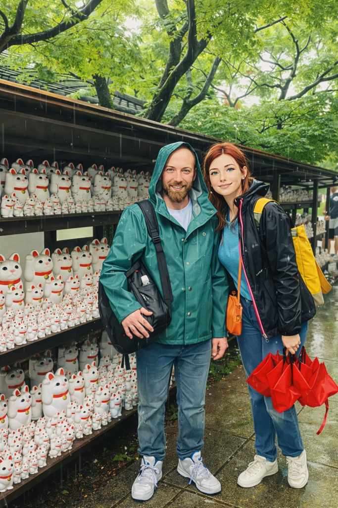 Efe ve Ebru’nun Gotokuji tapınağı içinde çekilmiş animasyon tarzı fotoğraf