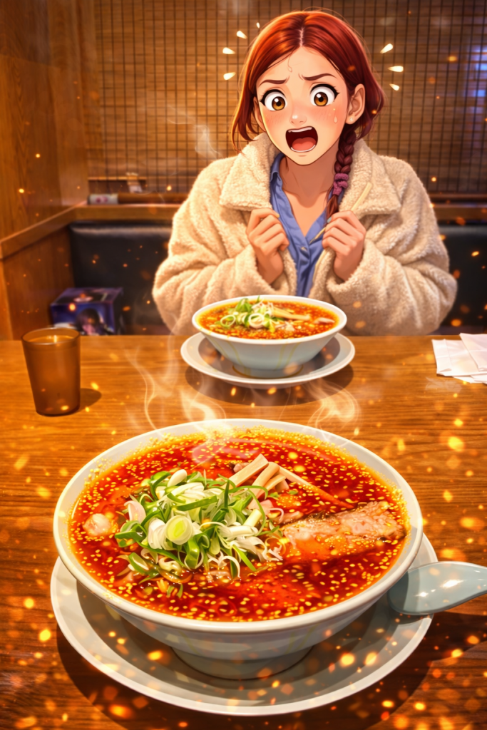 Ebru’nun Ramen acılığına karşı verdiği tepkiyi gösteren animasyon tarzı fotoğraf