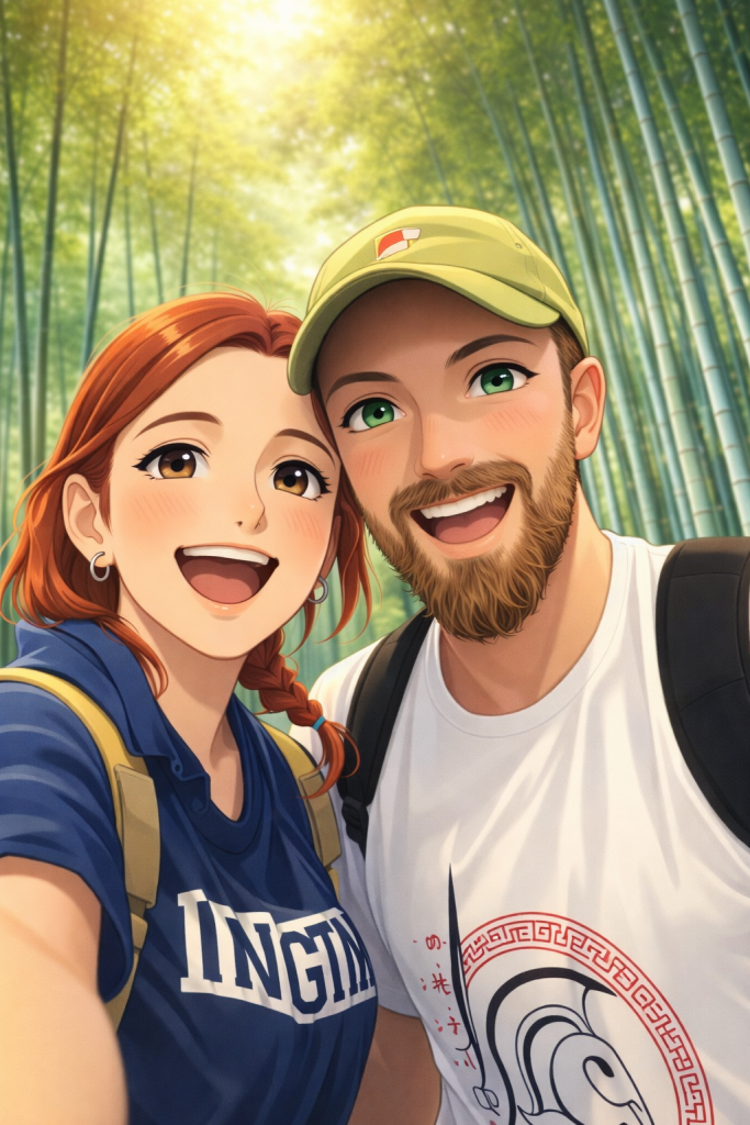 Efe ve Ebru’nun Arashiyama Bambu ormanında çekilmiş animasyon tarzı fotoğraf