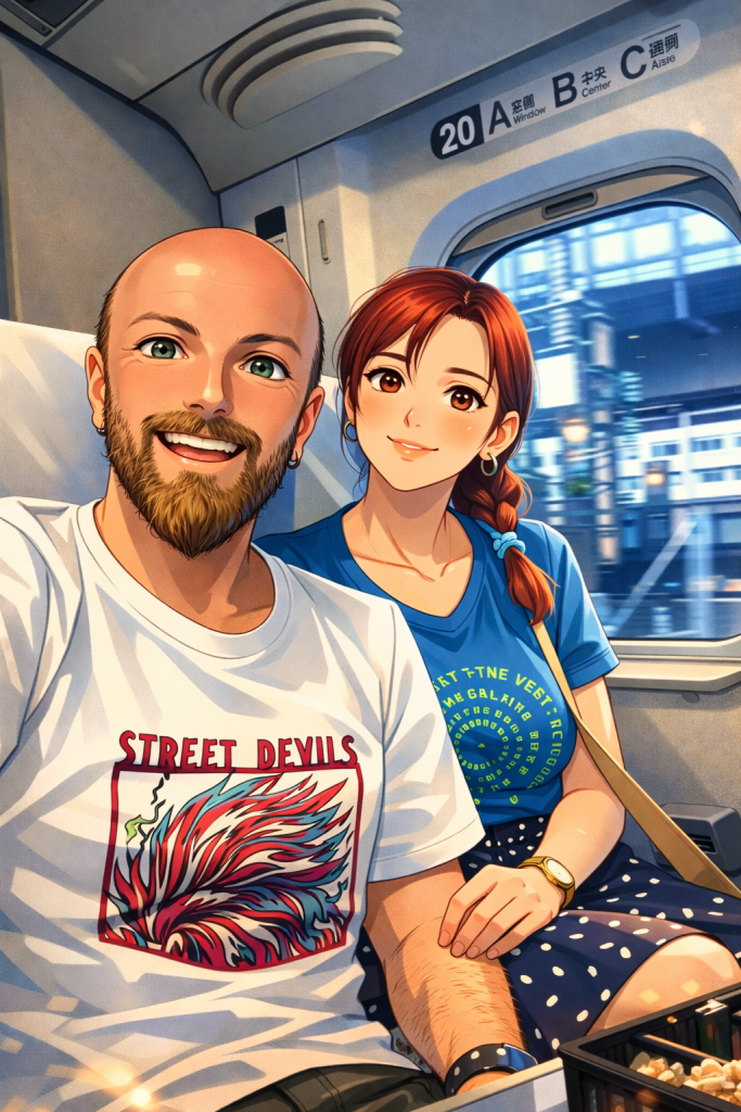 Efe ve Ebru’nun Shinkansende çekilmiş animasyon tarzı fotoğrafı