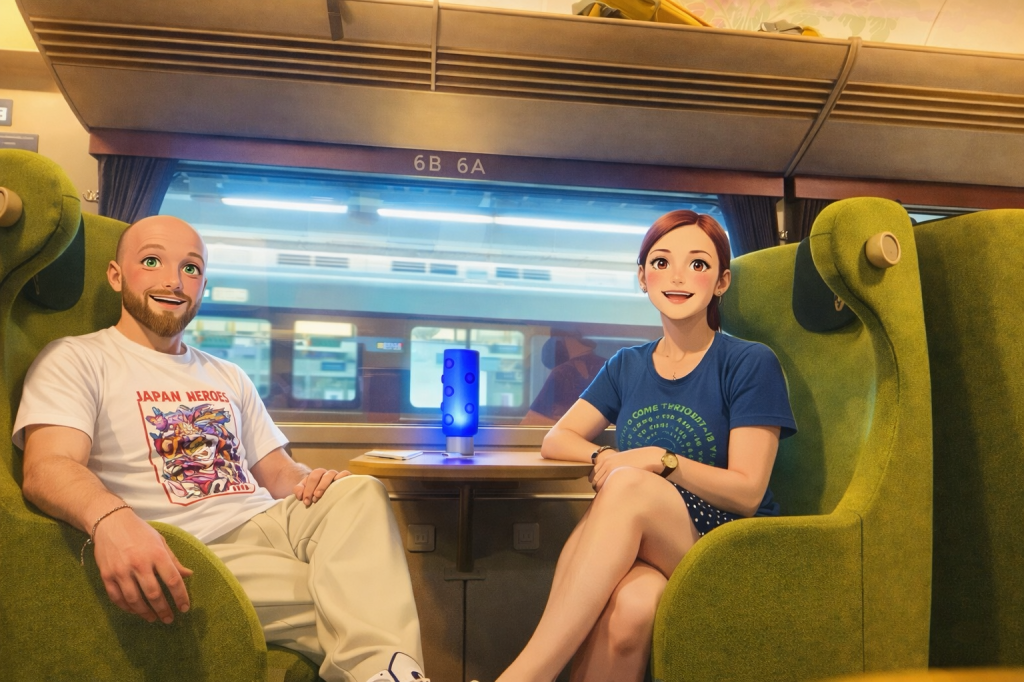 Efe ve Ebru’nun Nara yolculuğu sırasında kullandıkları Romantic Train’de çekilmiş animasyon tarzı fotoğraf