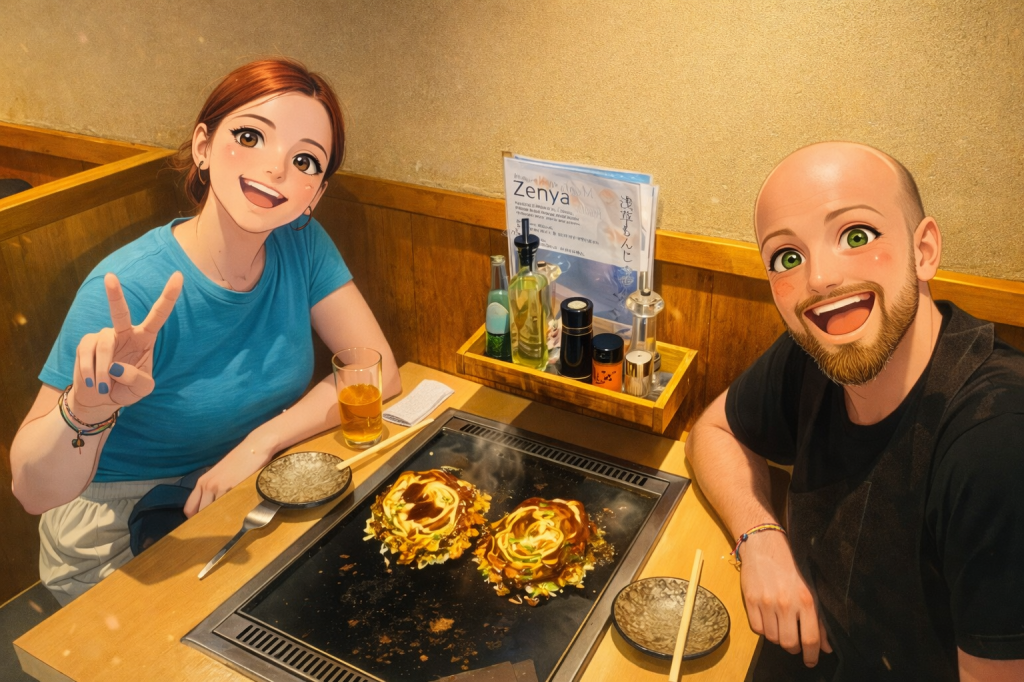 Efe ve Ebru’nun Okonomiyaki yerken çekilen animasyon tarzı fotoğraf