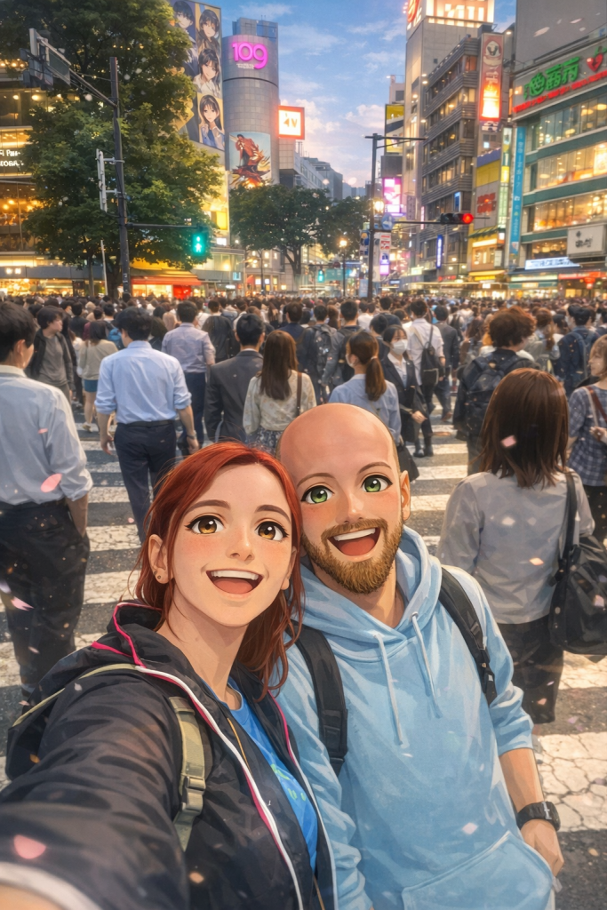 Efe ve Ebru’nun Shibuya Crossing’de çekilmiş animasyon tarzı fotoğraf