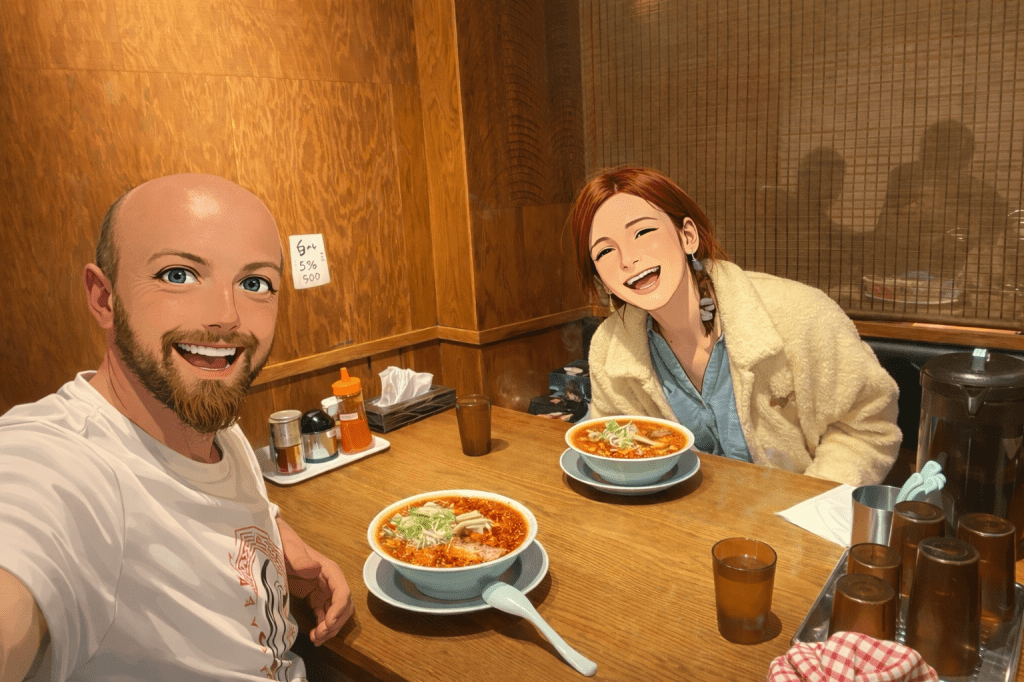 Efe ve Ebru’nun Golden Gai’de gece yedikleri Ramen restoranında çekilmiş animasyon tarzı fotoğraf