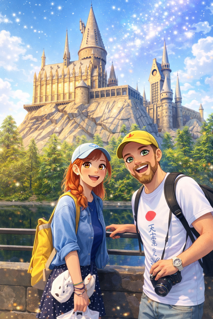 Efe ve Ebru’nun Universal Studios’daki Hogwarts kalesi önünde çekilmiş animasyon tarzı fotoğraf