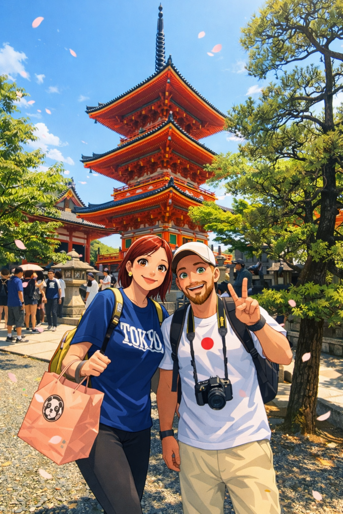 Efe ve Ebru’nun Kyoto tapınaklarında çekilmiş animasyon tarzı fotoğraf