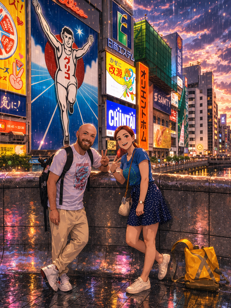 Efe ve Ebru’nun Osaka simgesi meşhur koşan adam önünde çekilmiş animasyon tarzı fotoğraf