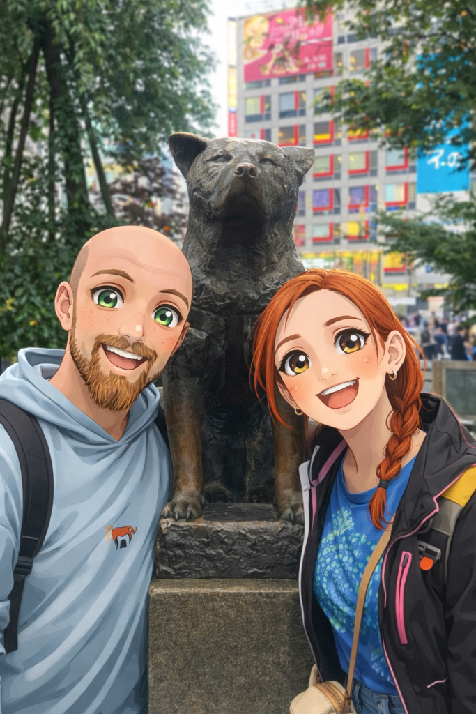 Efe ve Ebru’nun Hachiko heykeli önünde çekilmiş animasyon tarzı fotoğraf