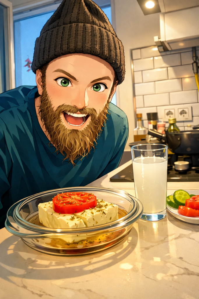 Efe’nin yaptığı fırında peynir tabağını servis ederken çekilmiş animasyon tarzı fotoğraf