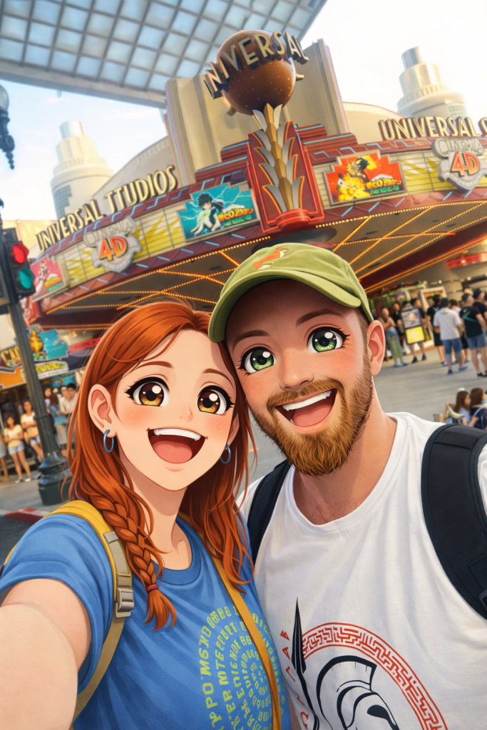 Efe ve Ebru’nun Universal Studios girişinde çekilmiş animasyon tarzı fotoğrafı