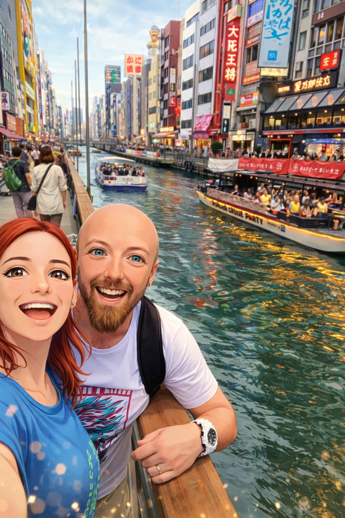 Efe ve Ebru’nun Osaka nehri kenarı çekilmiş animasyon tarzı fotoğraf