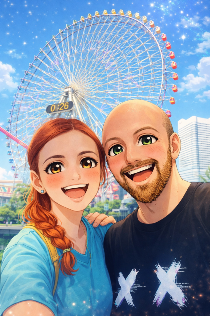 Efe ve Ebru’nun Yokohama’da dönme dolap önünde çekilmiş animasyon tarzı fotoğraf